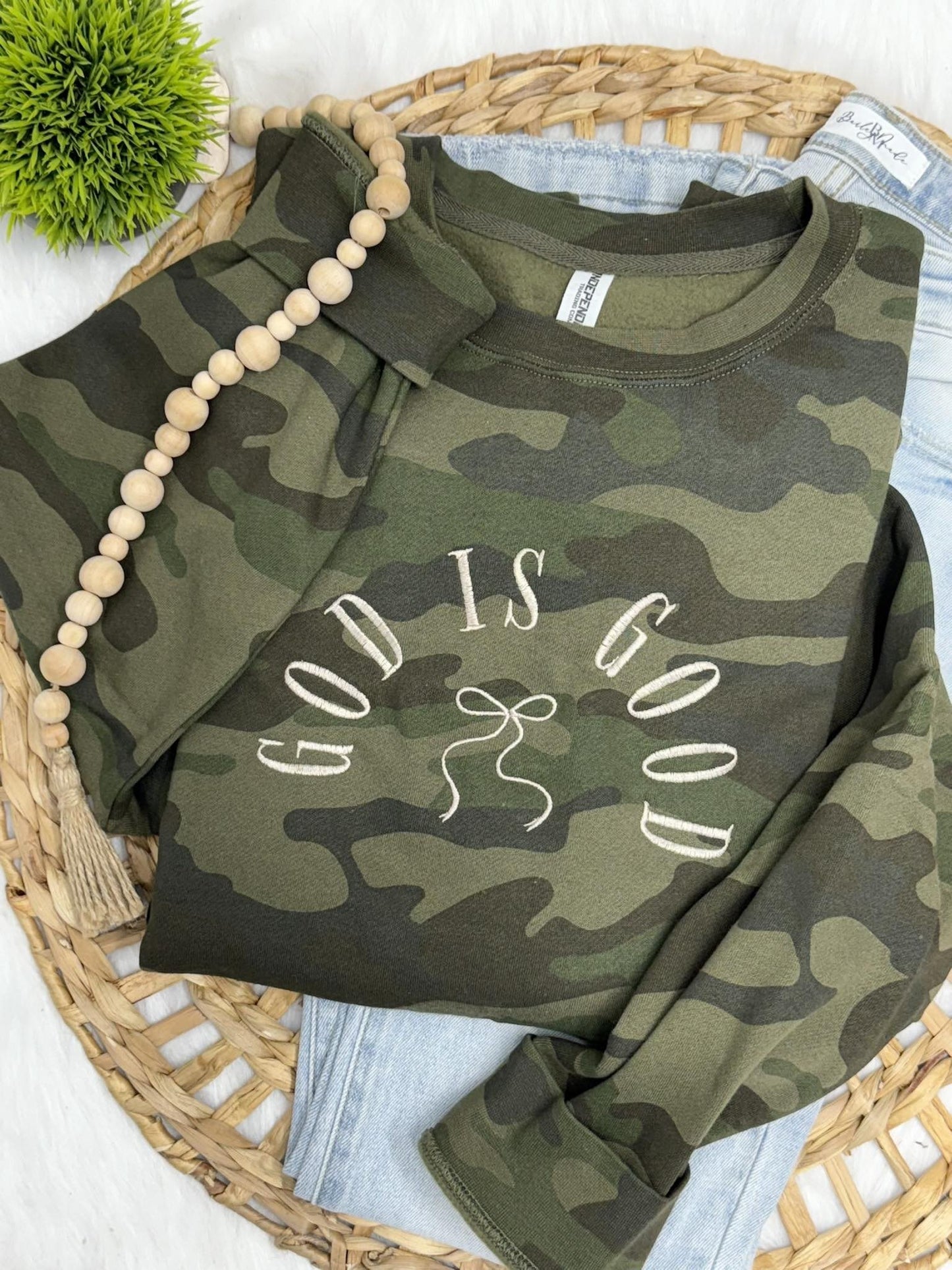 Camo God Is Good Crewneck